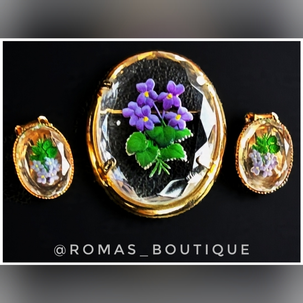 Gold and Purple Reverse Carved Vintage Floral Brooch and Earring Jewelry Set